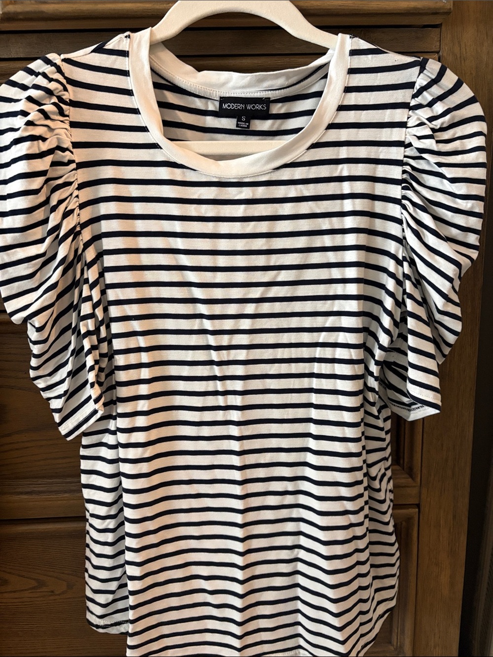 Modern Works White & Black Striped Puff Sleeve Tee